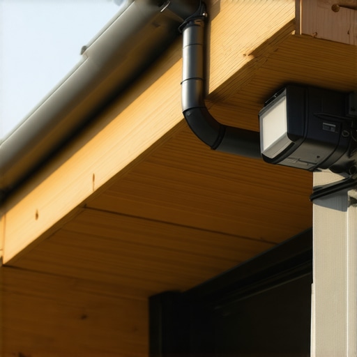 A residential home with advanced smart gutter system featuring sensors and automated monitoring devices.