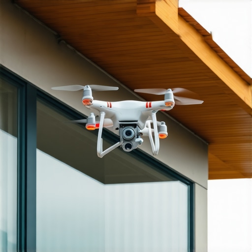 Drone inspecting gutter system on a contemporary building