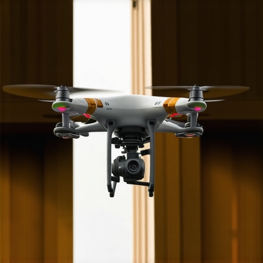 Drone inspecting gutter system with thermal imaging for leaks and blockages.