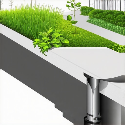 Illustration of a modern gutter system integrated with sensors, rain gardens, and sustainable materials