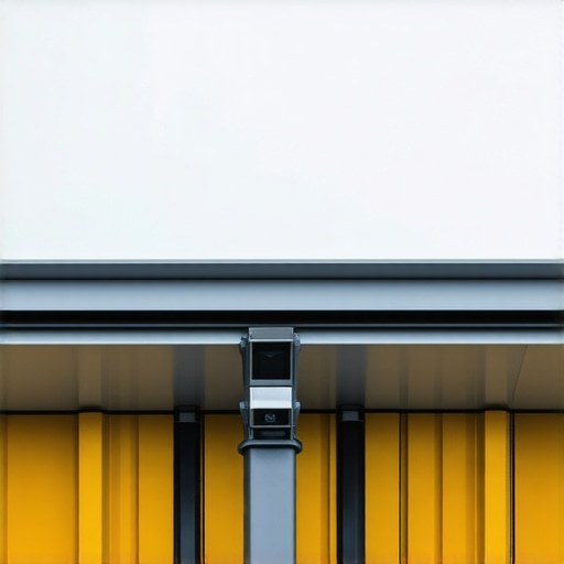 Modern gutter system equipped with sensors during heavy rain in an urban environment.