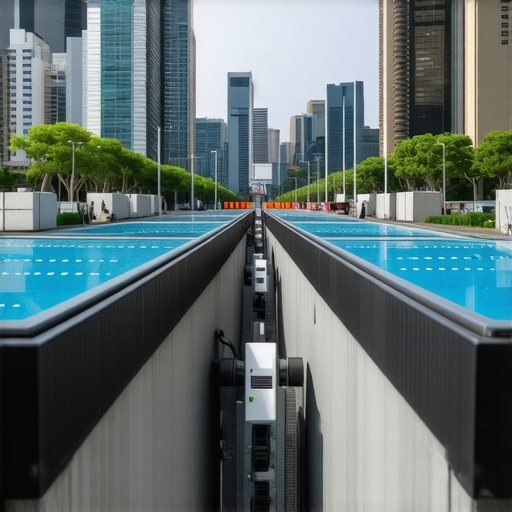 Close-up of a smart, modular urban drainage system equipped with IoT sensors in a city environment