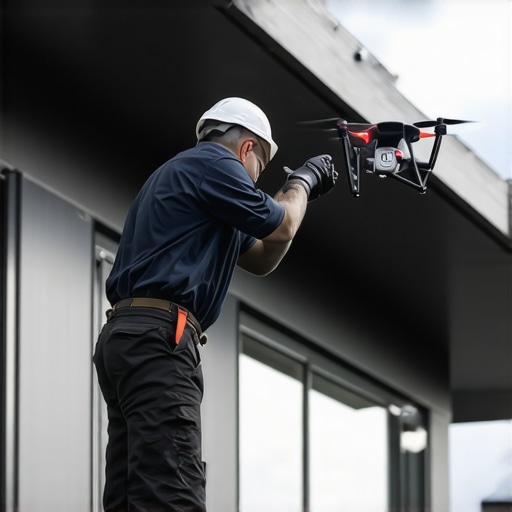 Technician using drone to inspect gutter system on a residential home