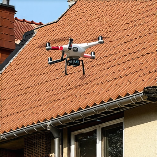 A drone flying over a house inspecting gutters with infrared sensors to identify unseen damage.