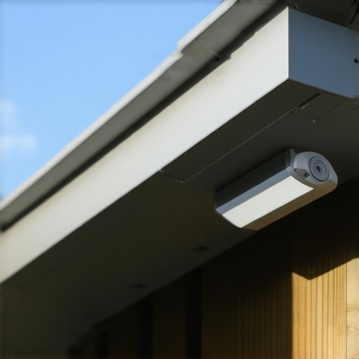 Illustration of a modern gutter system equipped with IoT sensors and connected to a smartphone app