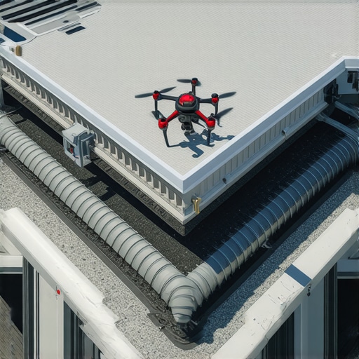 Futuristic gutter system equipped with IoT sensors and drone inspection in an urban environment