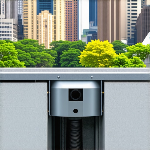 Advanced gutter system equipped with sensors monitoring water flow and debris in an urban setting.